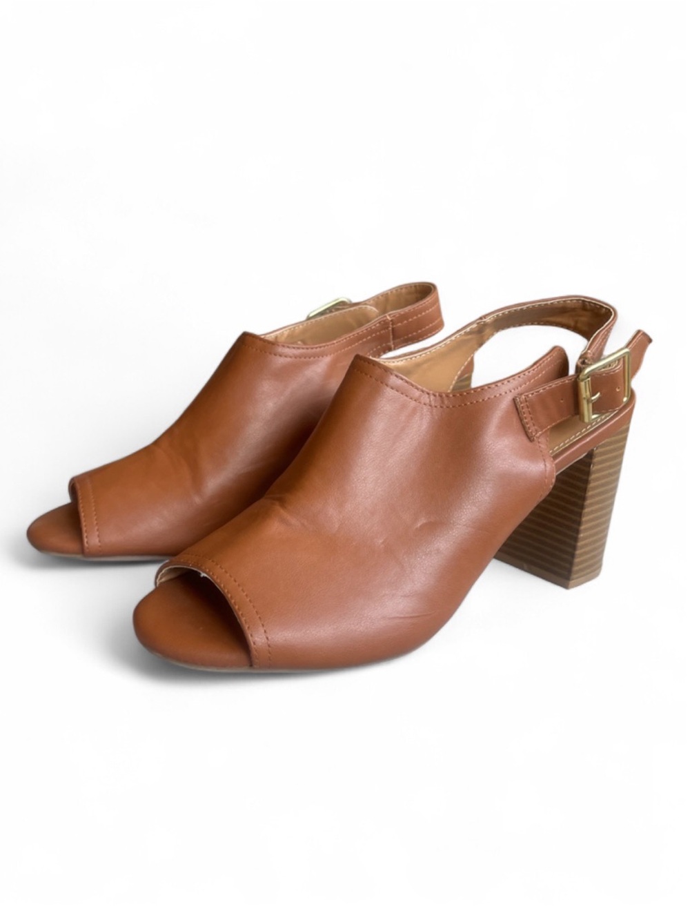 Faux Leather Sling Back Chunky Heel Open Toe  w/ Peep Toe  |  Cognac Brown - 9